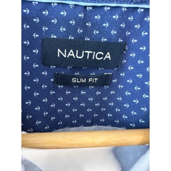 Nautica Blue Anchor Print Slim Fit Long Sleeve Button Down Shirt Men's Large - Picture 5 of 6